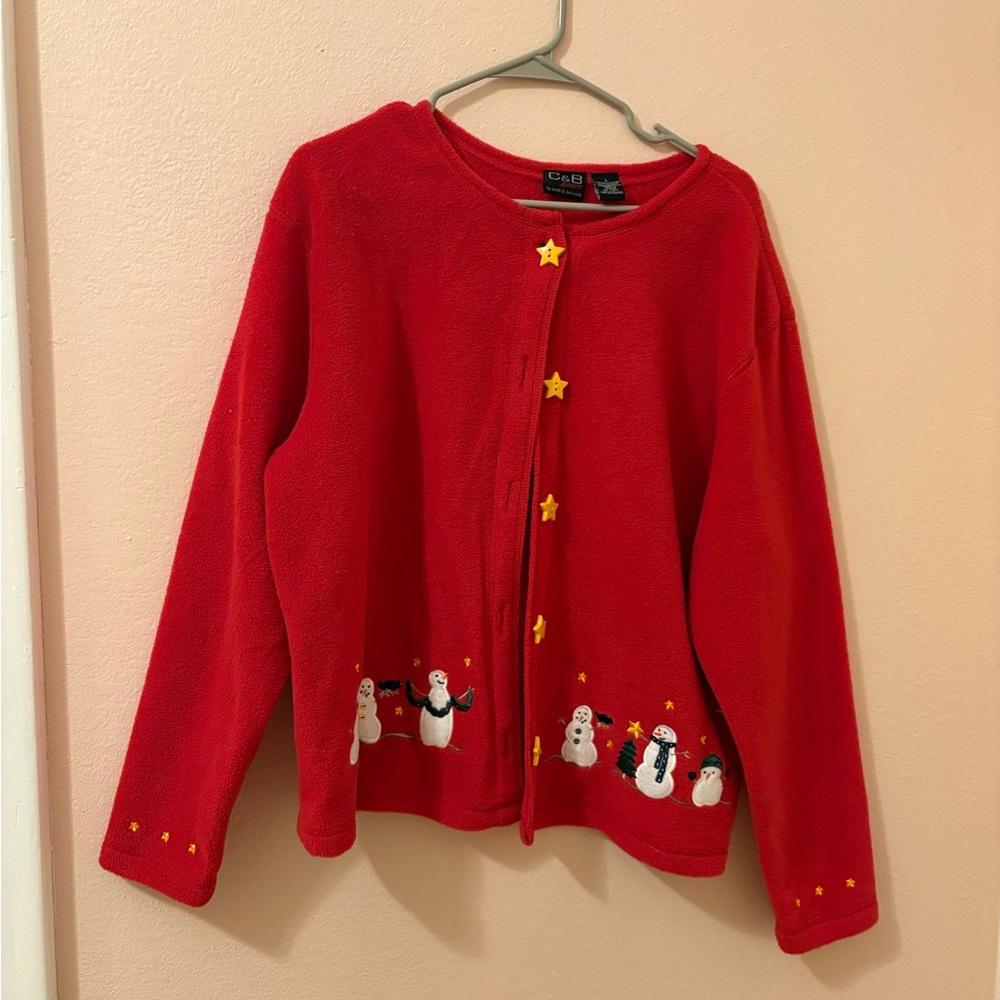 Vintage red Snowman Cardigan with Embroidery